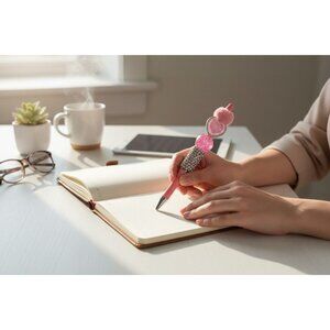 Pink Glitter Pen With Heart Charm & Rhinestone Accents